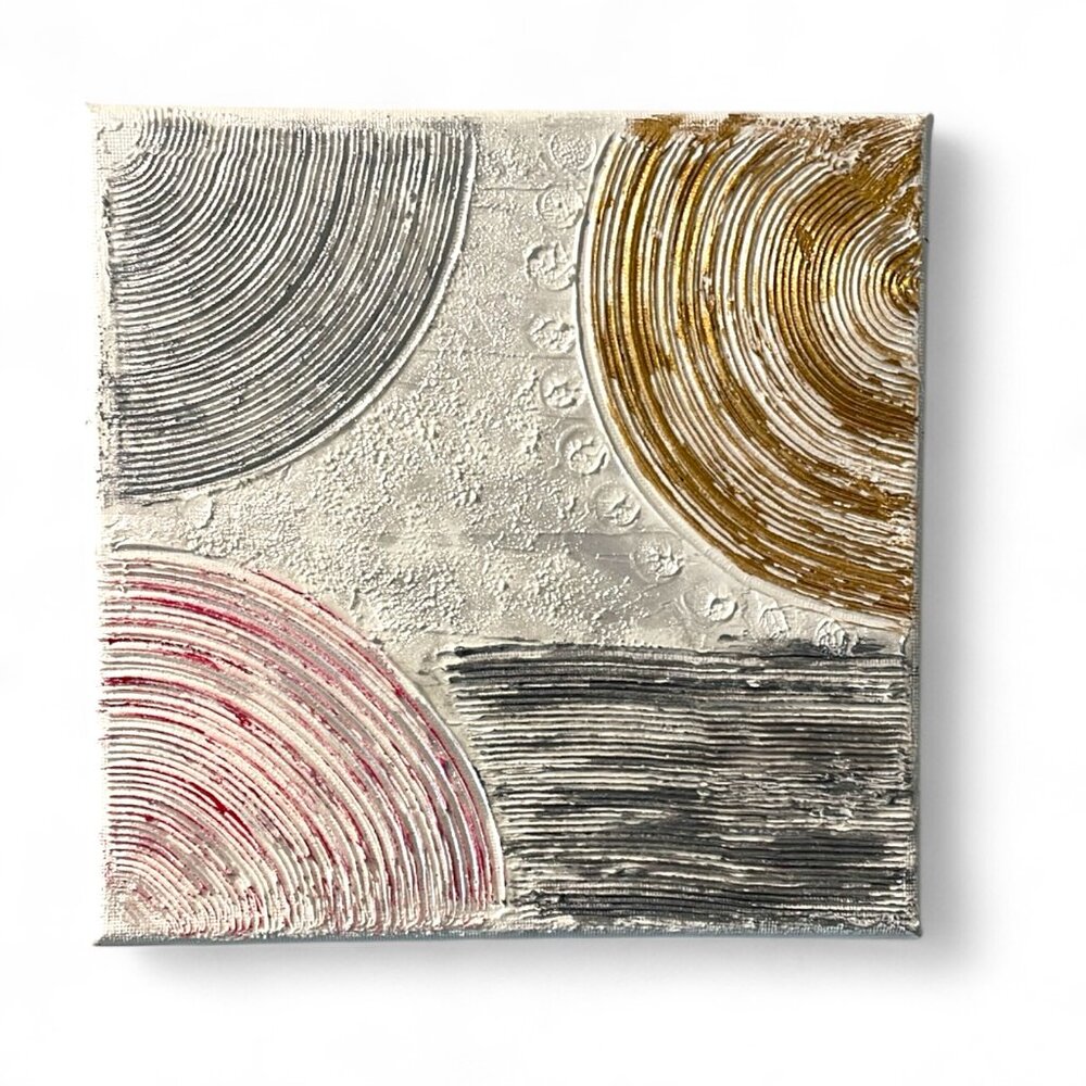 Abstract Swirls Textured Canvas Art in Gold, Silver, and Red 8"x8"